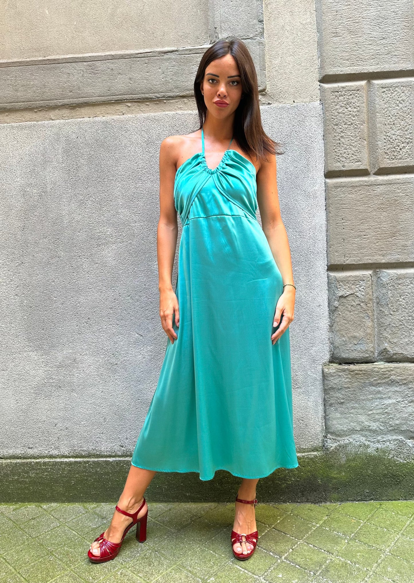 Midi dress with gathered bodice