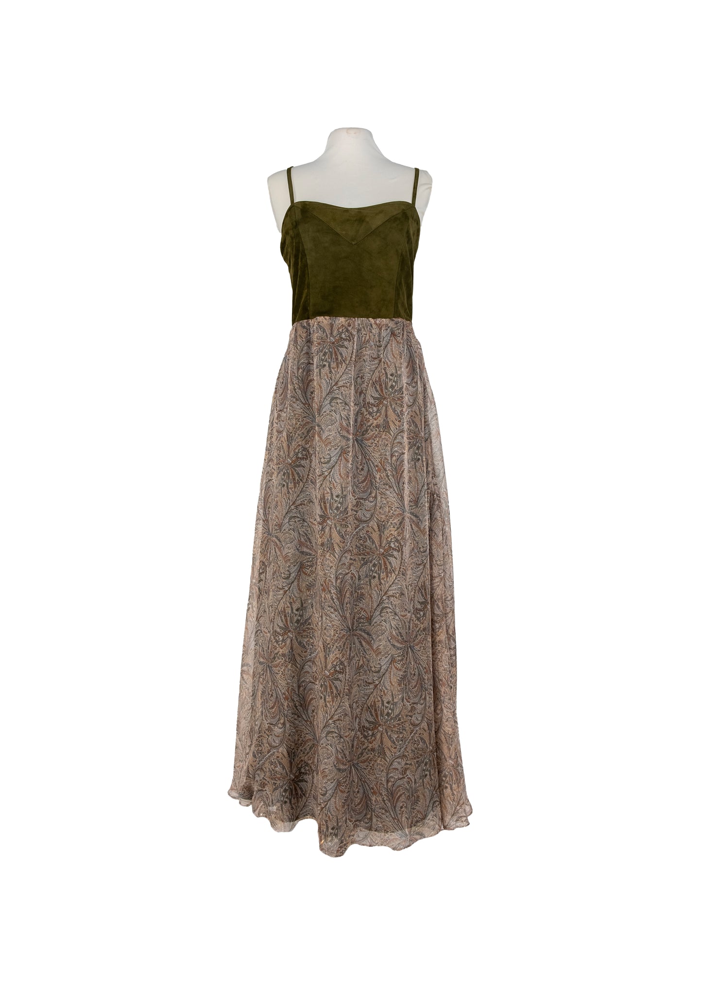 Long dress in suede and printed silk