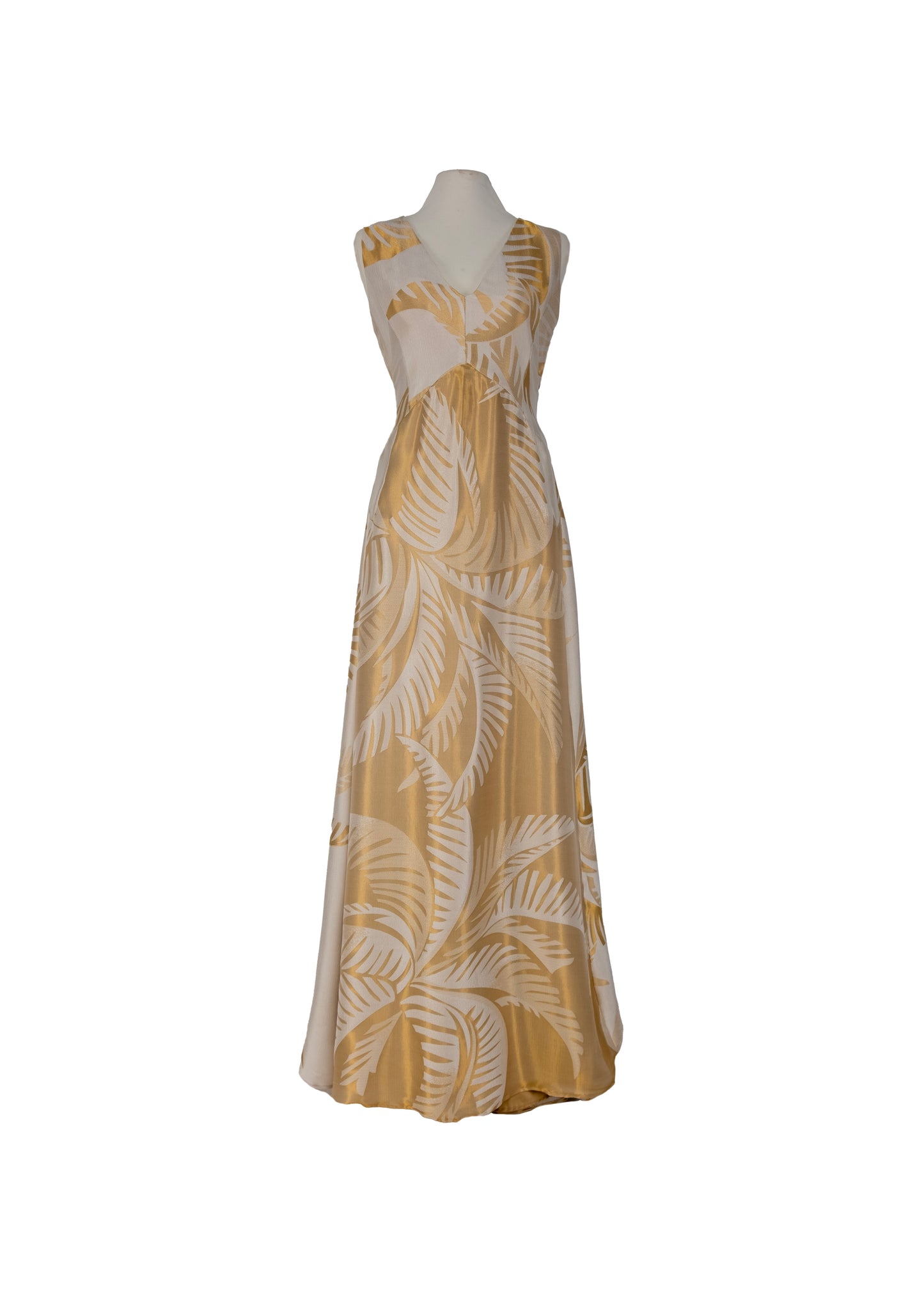 Long low-cut dress in printed silk